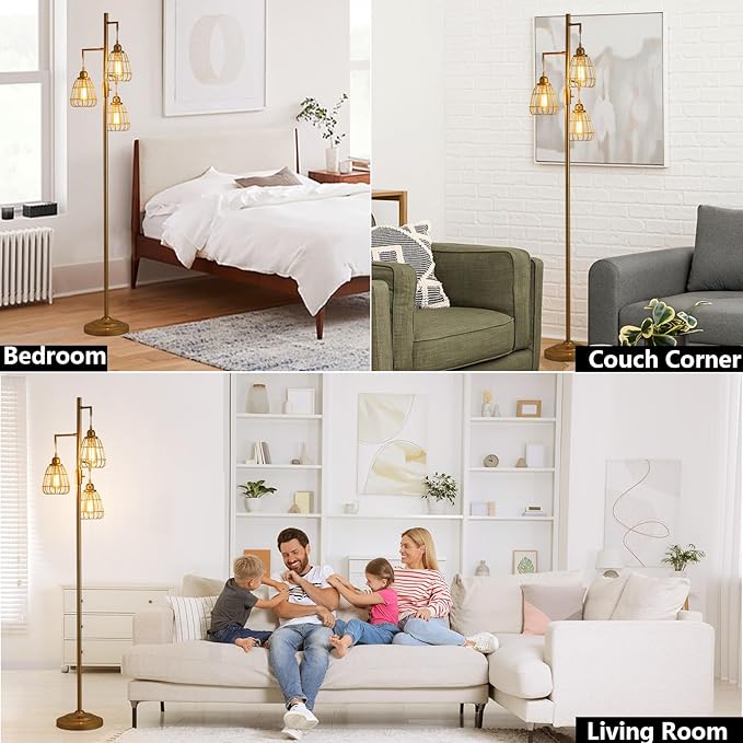 9MMML Gold Dimmable Floor Lamp,Industrial Farmhouse Tall Standing Floor Lamp for Living Room, Bedroom, Corner,Office,Gold 3 Teardrop Cage Lampshade,68โHeight,3 LED Bulb Included