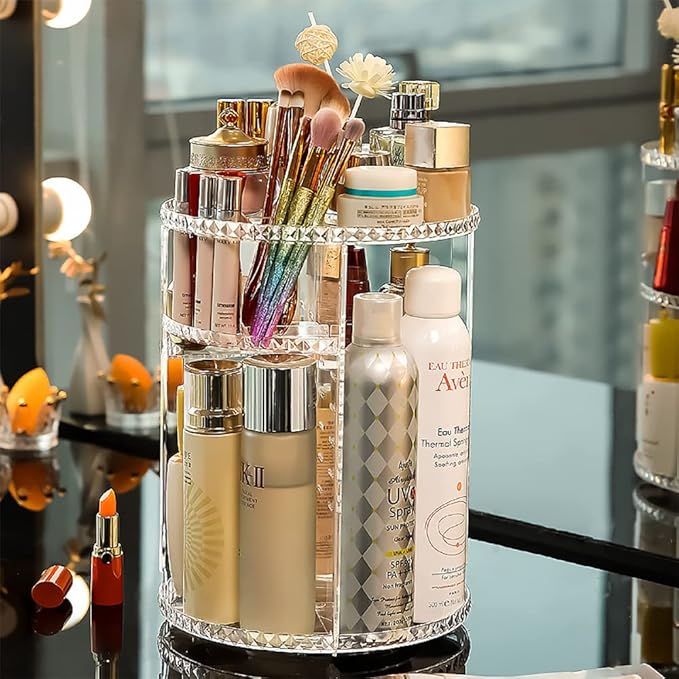 360 Rotating Makeup Organizer, DIY 8 Adjustable Layers Spinning Skincare Organizer, Cosmetic Holder Shelf for Vanity Bathroom Countertop (Clear-B)