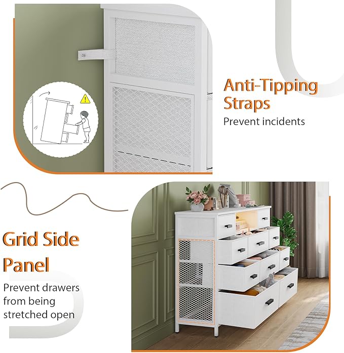 Dresser with Charging Station, White Dresser for Bedroom with 10 Drawers, TV Stand Storage with LED Light for 55" TV, Fabric with PU Finish, Morden Chest of Drawers for Bedroom, Closet