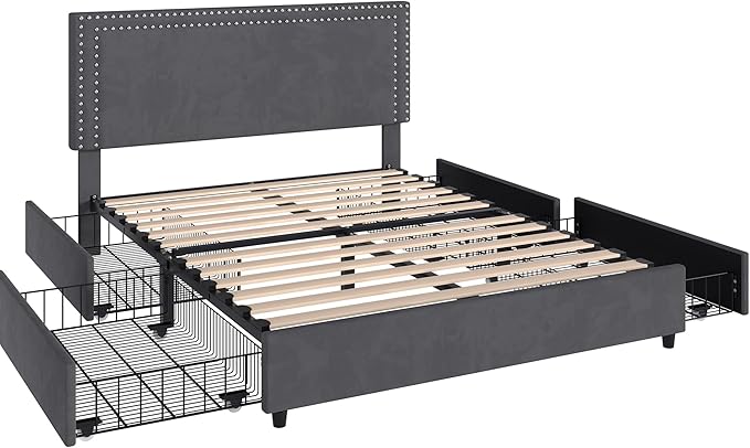 VECELO Full Size Upholstered Platform Bed Frame with 4 Storage Drawers, Adjustable Velvet Rivet Decor Headboard, Wooden Slats Support, No Box Spring Needed, Easy Assembly