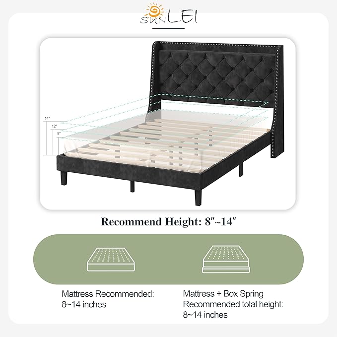 SUNLEI Bed Frame with Wingback Storage Headboard, Queen Size Bed Frame with Tufted and Velvet Fabric, Wood Slats Support, No Box Spring Needed, Easy Assembly, Queen Black