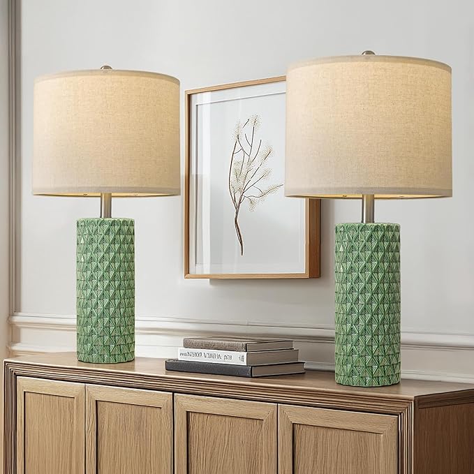 26" Tall Table Lamp for Living Room -Green Lamps Set of 2 Modern Ceramic Lamps for Night Stands, Bedside Lamp for End Tables, Nightstand Lamps for Bedroom