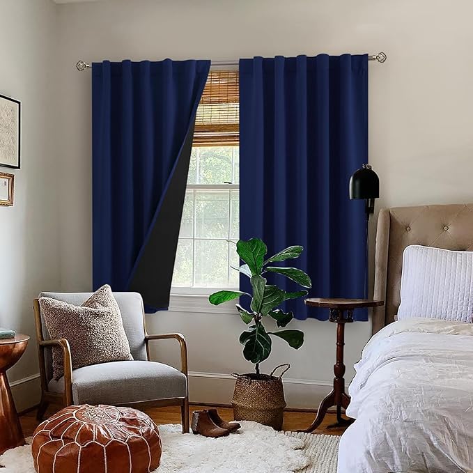 BGment 100% Blackout Curtains 40 Inch Length for Cafe, Rod Pocket and Back Tab Double Layer Thermal Insulated Full Room Darkening Bedroom Kitchen Curtains, 2 Window Panels, 42 x 40 Inch,Navy Blue