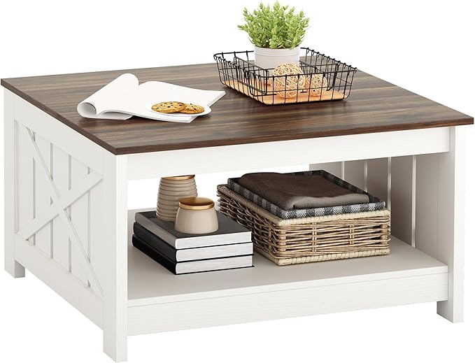 YITAHOME Coffee Table Farmhouse Coffee Table with Storage Rustic Wood Cocktail Table, Square Coffee Tables for Living Meeting Room with Half Open Storage Compartment, Brown with White