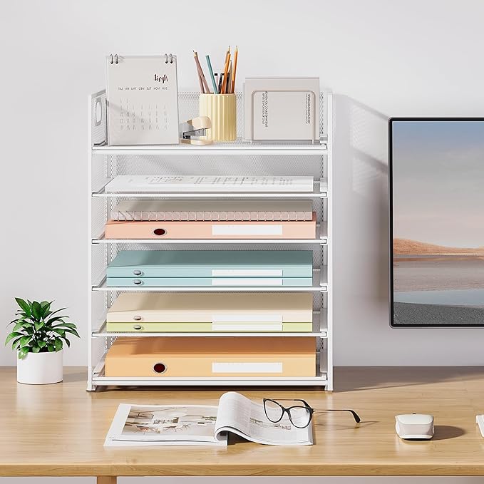 Subekyu 6-Tier Desk Paper Organizer, Desktop File Letter Tray with Handle, Document Sorter and Accessories Holder for Office, Home and School Workspace Organizers, White - 2 Pack