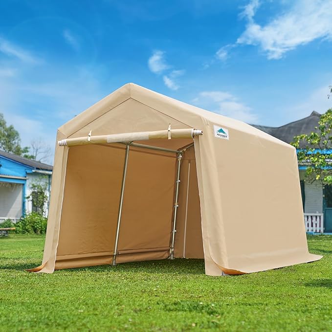 ADVANCE OUTDOOR 8x14 ft Steel Metal Peak Roof Portable Garage Shelter Storage Shed Carport for Motorcycle, Bike or Garden Tools with 2 Roll up Doors & Vents, Beige