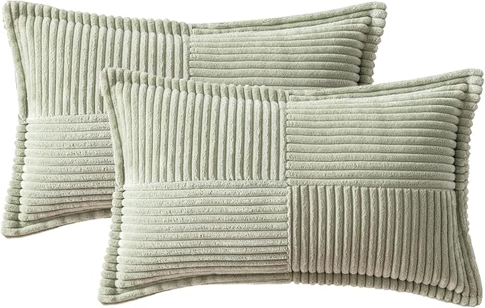 MIULEE Decorative Lumbar Throw Pillow Covers for Couch Bed Livingroom 12x20 Inch Set of 2 Light Green Boho Accent Throw Pllows Broadside Striped Patchwork Soft Corduroy Summer Pillowcases