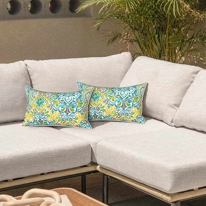LVTXIII Outdoor Lumbar Pillow Covers 12"x20", Covers ONLY, 2 Pack 30x50cm Lumbar Cushion Cover with White Piping for Home Patio Garden Sofa Bench, Damask Green