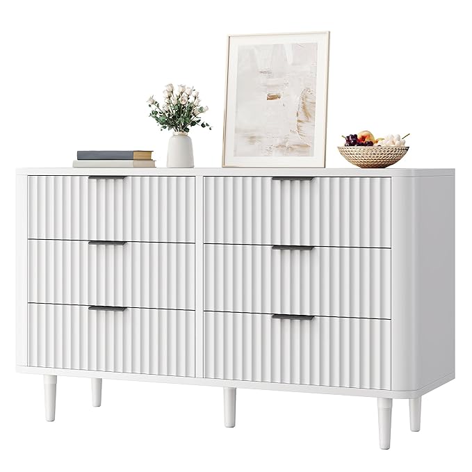 DWVO 6 Drawer Dresser with Waveform Fluted Panel, Wider Modern Closet Dressers Chest of Drawers, Wood Storage Dresser Organizer for Dorms, Flats, Hallways, White
