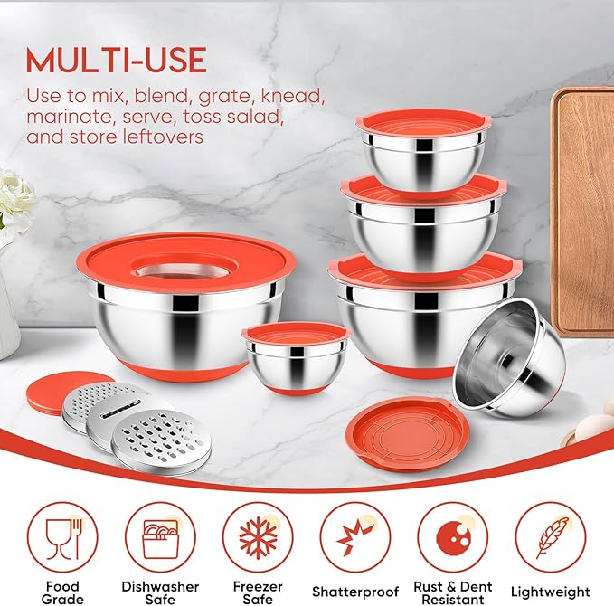 E-far Mixing Bowls with Lid Set, 25PCS Stainless Steel Nesting Prep Bowls with Grater Attachments Utensils Non-Slip Bottoms for Cooking, Baking, Serving, Food Storage, 4.6/2.6/2/1.5/1/0.7QT - Red