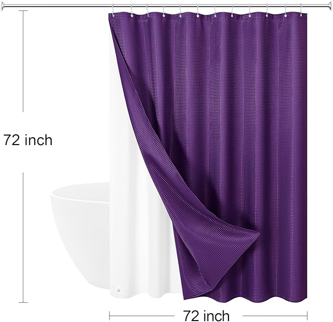 3 in 1 Shower Curtain Set, Purple Waffle Shower Curtain and PEVA Liner Set with 12 Stainless Steel Shower Curtain Hooks, Waterproof Fabric Shower Curtains for Bathroom, 72 W x 72 H