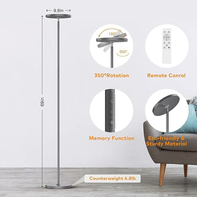 Floor Lamp,Bright 36W 3500LM Standing Lamp with Remote, 2700K Soft White to 6500K Cool White Adjustable,Touch Control Dimmable Torchiere Tall Light for Living Room,Bedroom,Office,Sofa(Gray)