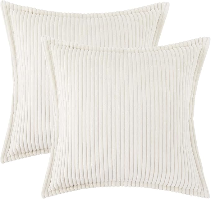 Mecatny Corduroy Throw Pillow Covers 16x16 Set of 2, Neutral Decorative Soft Boho Couch Pillow Covers with Broadside for Sofa Living Room, Cream White
