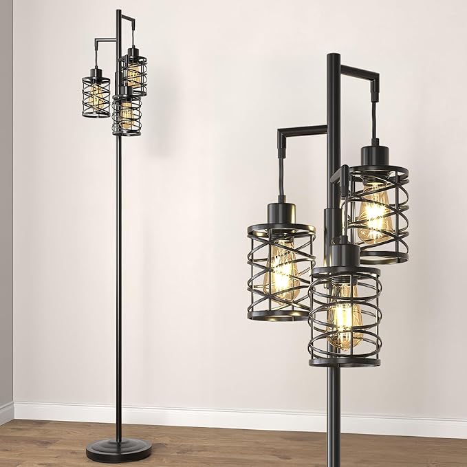 Oneach 70" Industrial Floor Lamp, Stepless Dimmable Standing Lamp with 3 Bulbs, Farmhouse Corner Standing Tree Lamp for Living Room, Tall Lamps for Bedroom, Office, Study Room, Dining Room, Black