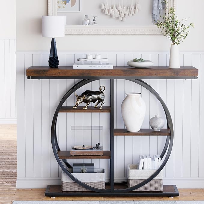 41.3" Console Table for Entryway, Industrial Hallway Sofa Table with Storage Shelves, Narrow Accent Decor Living Room Furniture with Circle Base for Foyer, Entrance, Rustic Brown