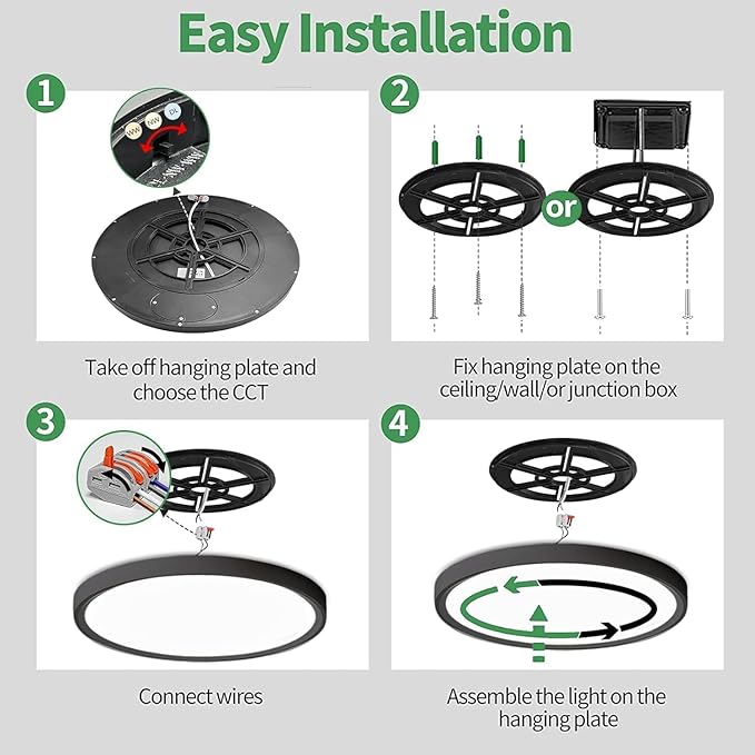 20 Inch Large LED Flush Mount Ceiling Light, 40W, 4350LM, 3000K/4000K/6000K CCT Selectable, Black Round Flat Panel Light, Fits for Hallway, Kitchen, Bedroom, Laundry Room