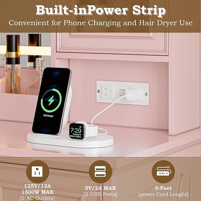 Vanity Desk with Lights, Large LED Mirror with 3 Color Modes, Makeup Vanity with Power Outlet & USB Ports, 6 Drawers & 2 RGB Glass Cabinets, Farmhouse Dressing Table for Women & Girls (Pink)