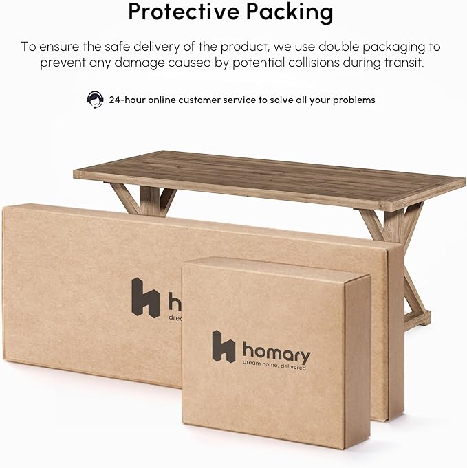 homary 59.1" Rustic Solid Wood Desk, Home Office Desk with Trestle Base, Executive Writing Table for Home Office, Study Room or Dining Space, Natural Finish