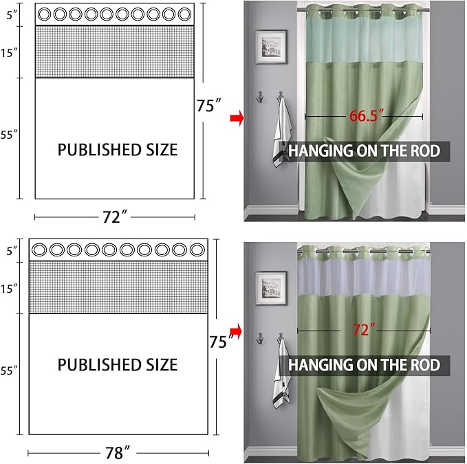 YellyHommy No Hook Shower Curtain with Snap in Liner Set Less Time Green Waffle Shower Curtain for Bathroom 75" L x 78" W