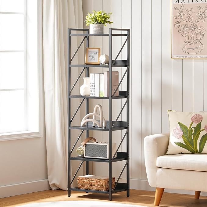 HOOBRO Bookshelf, 6-Tier Industrial Bookcase, Book Shelf Storage Organizer, Tall Bookshelf with Metal Frame for Living Room, Bedroom, Home Office, Kitchen, Black BB72SJ01