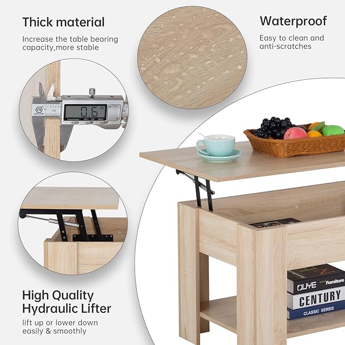 FDW Lift Top Coffee Table with Lift Tabletop Hidden Compartment and Storage Shelf Wooden Living Room Table for Home Reception Room Office,Grey