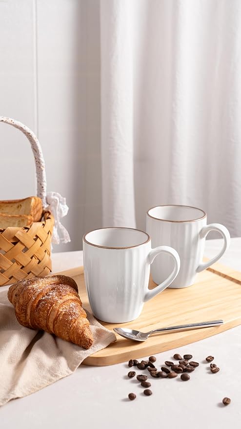 famiware Coffee Mugs Sets for 4, Eden 12 oz Mug Set, Coffee Cups with Handle for Coffee, Tea, Cocoa and Milk, Microwave and Dishwasher Safe, White Stripe