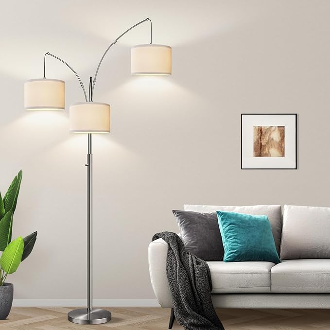 Nintiue Dimmable Floor Lamp - 3 Lights Silver Floor Lamps for Living Room with White Shades & Heavy Base, Mid Century Tree Floor Lamp for Bedroom Office, 3 LED Bulbs Included