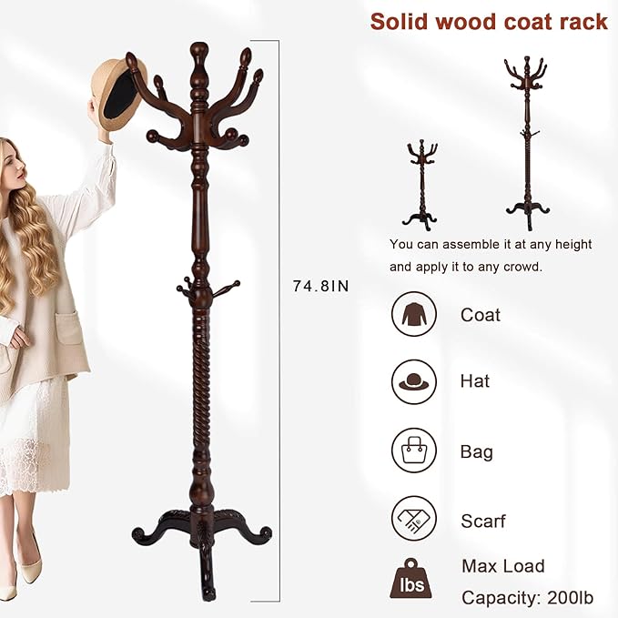 Coat Racks Freestanding, Natural Wood Coat Stands with 14 Hooks, 75" Heavy Duty Adjustable Height Vintage Hall Tree for Entryway, Bedroom, Office, Easy Assembly (Triangular Dark Brown)