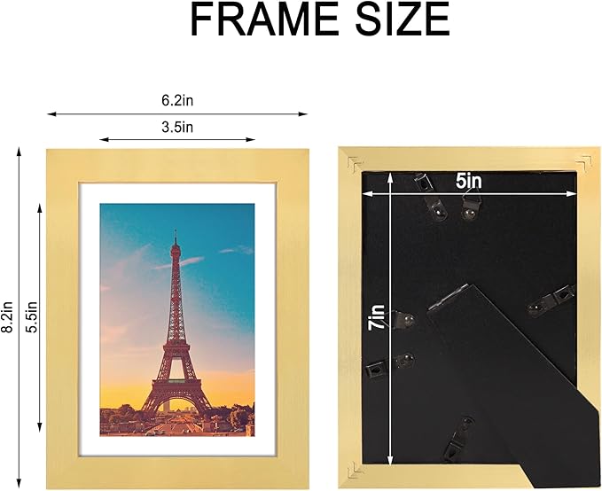 5x7 Picture Frame Set of 4, High Definition Real Glass, Display Pictures 4x6 with Mat or 5x7 Without Mat, Gallery Wall Hanging or Tabletop Photo Frames, Gold