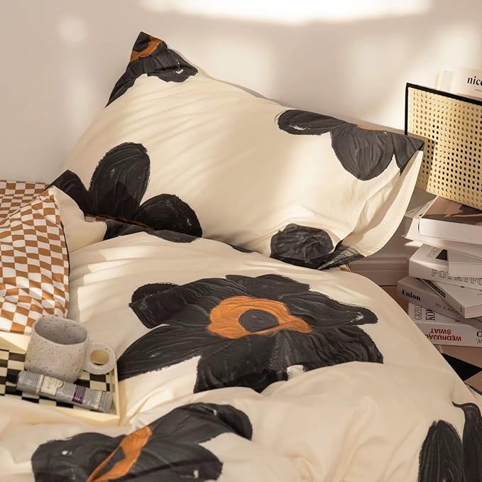 Luxlovery Black Floral Comforter Set Twin Botanical Sunflower Bedding Comforter Set Women Girls Cute Chic Sunflower Blanket Teen Girls Kids Quilts 3 Piece Bedding Set for Twin Bed