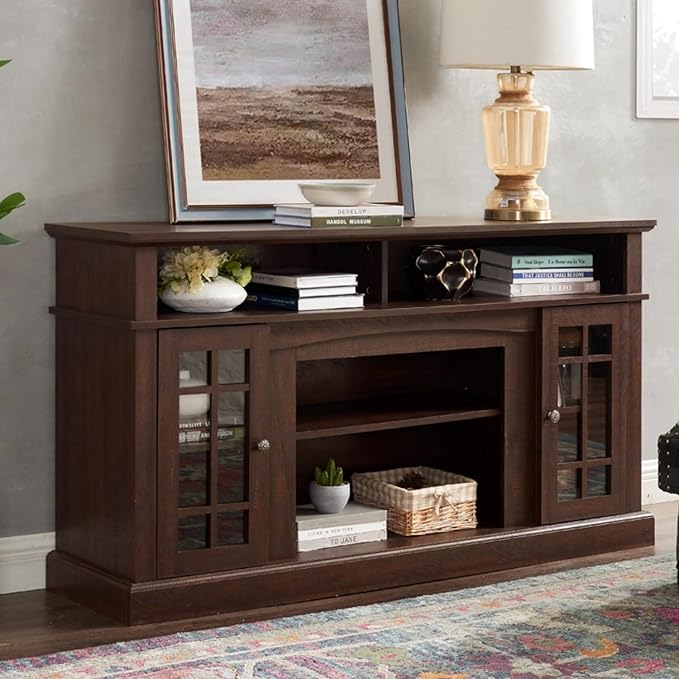 HMFULE 58" TV Stands for Living Room 55 60 65 inch Television, Entertainment Center 2 Glass Doors & Adjustable Shelves, Wood Modern Farmhouse Buffet Cabinet with Storage, Bedroom Furniture (Espresso)