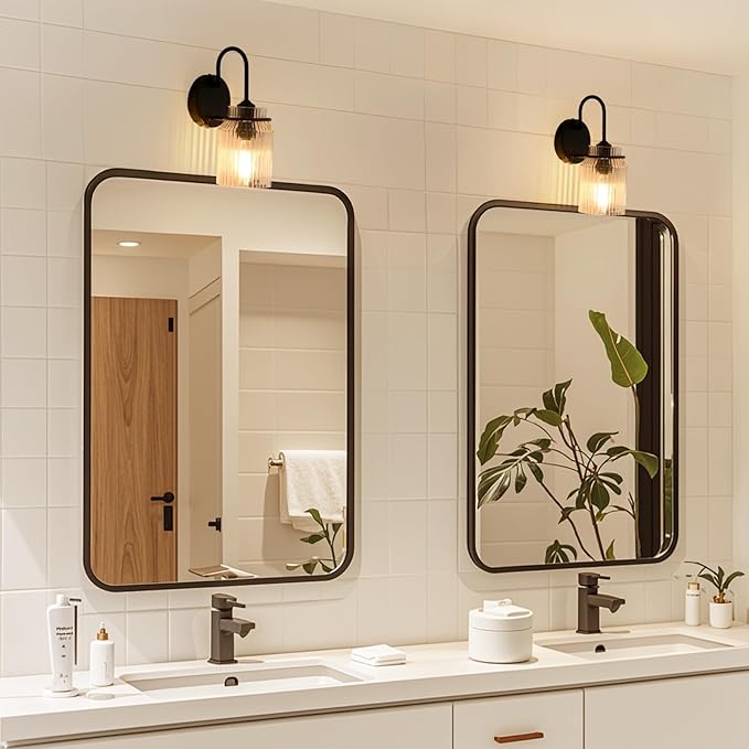 Modern Farmhouse Wall Sconces Set of 2, Black Bathroom Sconces with Clear Glass Shade, Vanity Lights for Bedroom Living Room Bathroom Hallway Stairwell