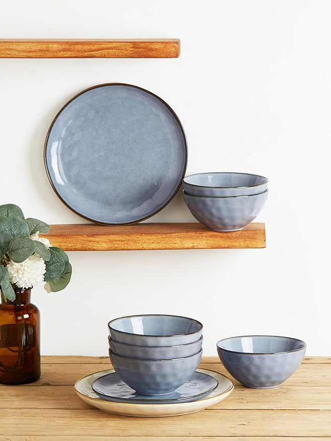 Famiware Dinnerware Sets for 4, Ocean Round 12-Piece Kitchen Plates and Bowls Sets, Reactive Glaze, Microwave and Dishwasher Safe, Scratch Resistant, Blue