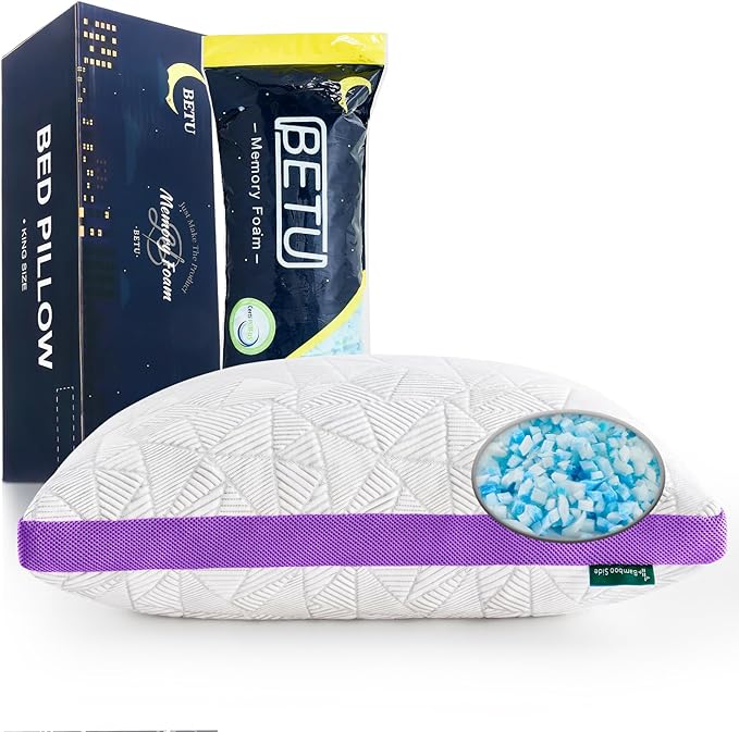 BETU Cooling Pillow King Size, Shredded Memory Foam Pillows for Hot Sleepers, Adjustable Firm Bed Pillows, Hotel Collection Side Sleeper Pillow for Back Pain, Neck, Purple, 20”x36”