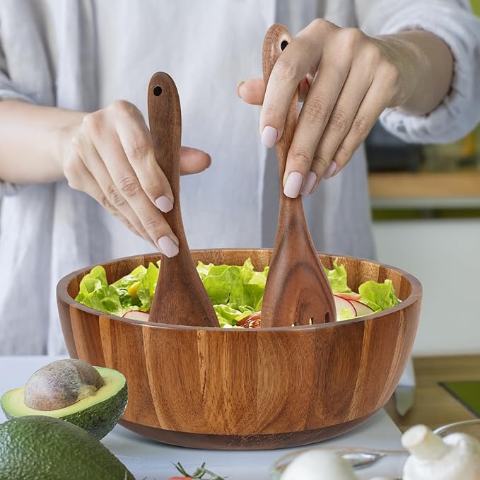 Wooden Salad Bowl Set 11.8 Inch – Acacia Large Wood Salad Bowl with Wooden Serving Utensils, Big Salad Bowls for Fruits, Food Serving & Hosting Family Gatherings