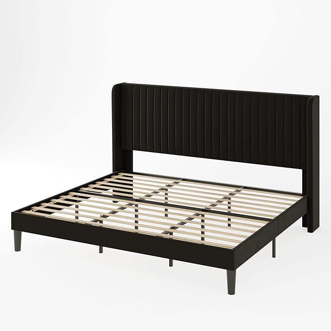 Allewie King Size Velvet Bed Frame/Vertical Channel Tufted Wingback Headboard/Upholstered Platform Bed/Strong Wooden Slats/No Box Spring Needed/Easy Assembly/Black