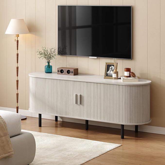 55" TV Stand with Power Outlet for TVs up to 60 Inch, Entertainment Center with Storage and Adjustable Shelves, Modern Media Console with Sliding Doors for Living Room, Natural White