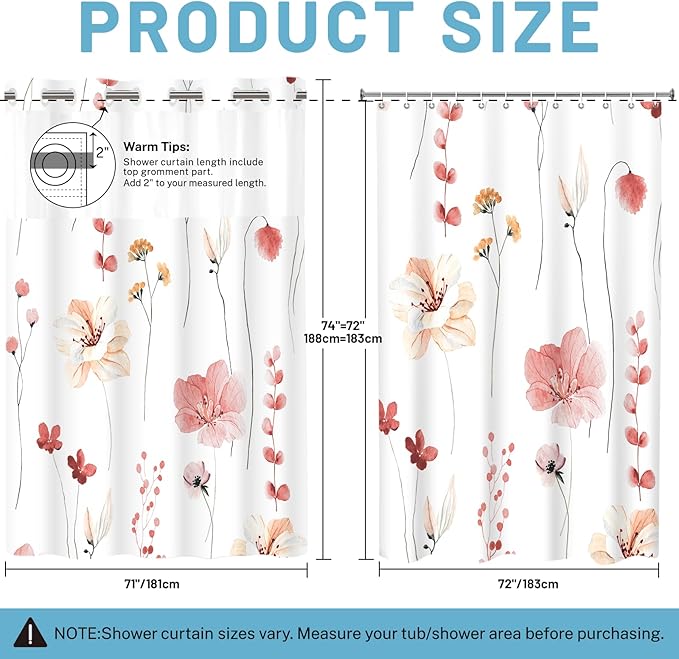 No Hook Shower Curtain with Snap in Liner - Floral Shower Curtain - Fabric Waterproof Inner Liner, Plants Watercolor Coral Modern Cloth Shower Curtains - Machine Washable, 71 x 74