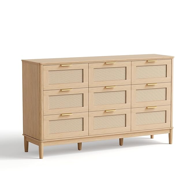 LINSY HOME Rattan Dresser for Bedroom with 9 Drawers, 58" Wide Chest of Drawers, Mid Century Modern Dresser TV Stand with Metal Handle, Wood Closet Storage Cabinet for Living Room, Hallway, Oak