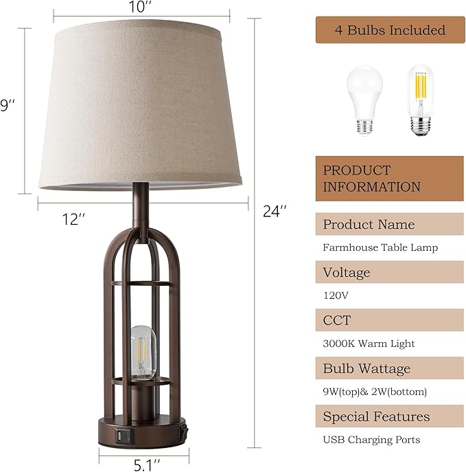 Table Lamps for Living Room End Table Set of 2 - Farmhouse Industrial Bedside Lamps for Bedroom Nightstand with Nightlight and USB A+C, 4 Bulbs Included