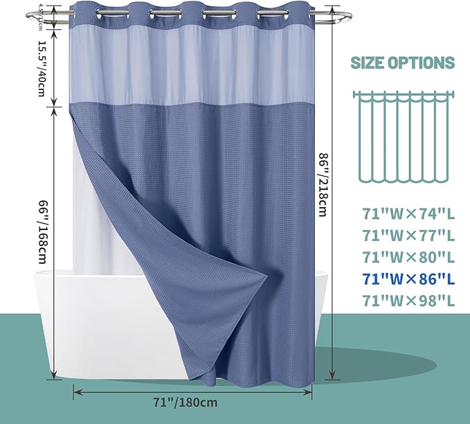 MoonLightBlue Extra Long No Hook Waffle Weave Shower Curtain with snap-in Liner Replacement, 230GSM Waterproof Fabric Hotel Shower Curtain Set for Bathroom, Through Mesh Top Window,71Wx86H