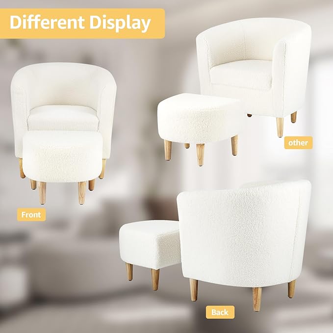 DAZONE Sherpa Chair, Accent Chair Set of 2 White Fluffy Teddy Barrel Chairs with Ottoman Comfy Armchair Comfortable Living Room Chairs Upholstered Club Tub Sofa Chair for Bedroom Reading Room
