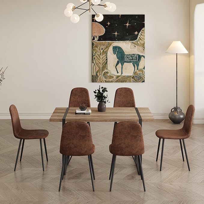 6 Chair Dining Table Set,Dinner Table Set for 6, 55'' Kitchen Table and Suede Nap Fabic Chairs Set of 6, 7 Piece Dining Table Set for Kitchen Dining Room