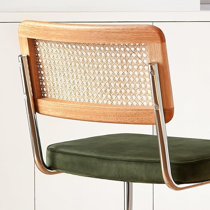 Natural Rattan Bar Stools Set of 3 with Solid Wood Back, 24 Inch Mid Century Modern Counter Height Stools, Green Upholstery Boho Stool for Kitchen Counter with Chrome Metal Legs