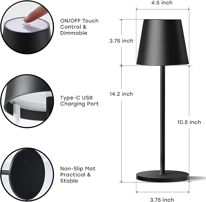 2 Pack Cordless Table Lamp,Portable LED Desk Lamp, 5200mAh Battery Operated, 3 Color Stepless Dimming Up, for Restaurant, Bedroom, Bars, Outdoor Party, Camping, Coffee Shop Night Light Black