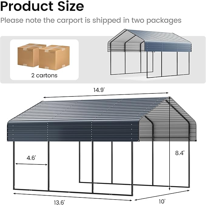 10'x15' Heavy Duty Metal Carport, Outdoor Garage Car Shelter Shade with Heavier Frame, Galvanized Roof for Car and Boats, Grey