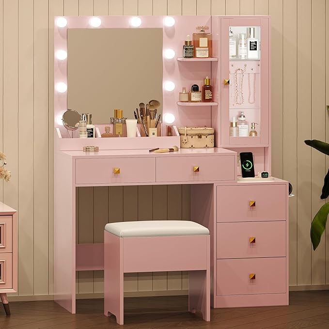 Vanity Desk with Mirror and Lights, Pink Makeup Vanity with 5 Drawers Hidden Jewelry Organizer& LED Glass Cabinet,3 Light Mode and Brightness Adjusted,Vanity Mirror with Lights Desk and Chair