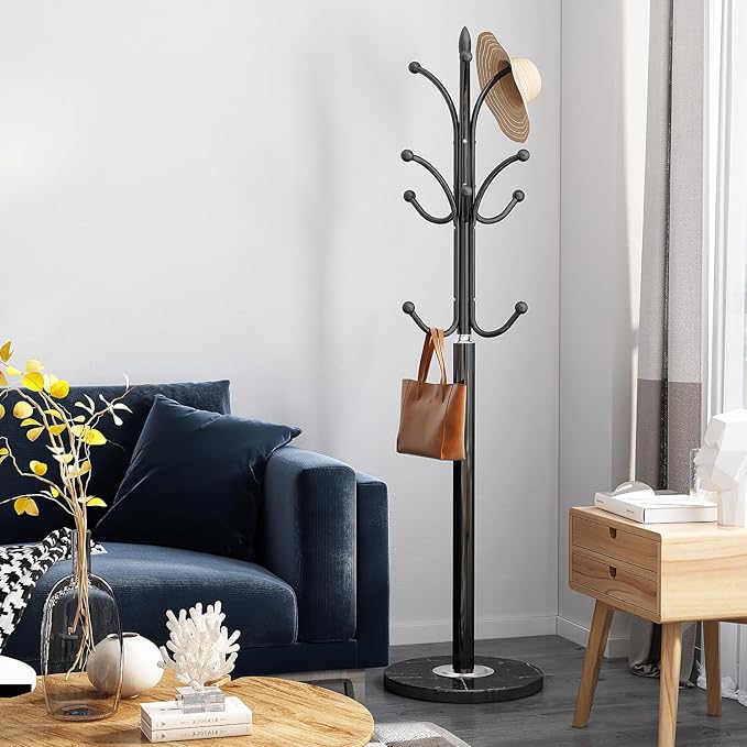 Black Coat Rack Freestanding, Metal Coat Hanger Stand, High-grade Entryway Hat Tree Coat Rack Stand with 12 Hooks & Natural Marble Base