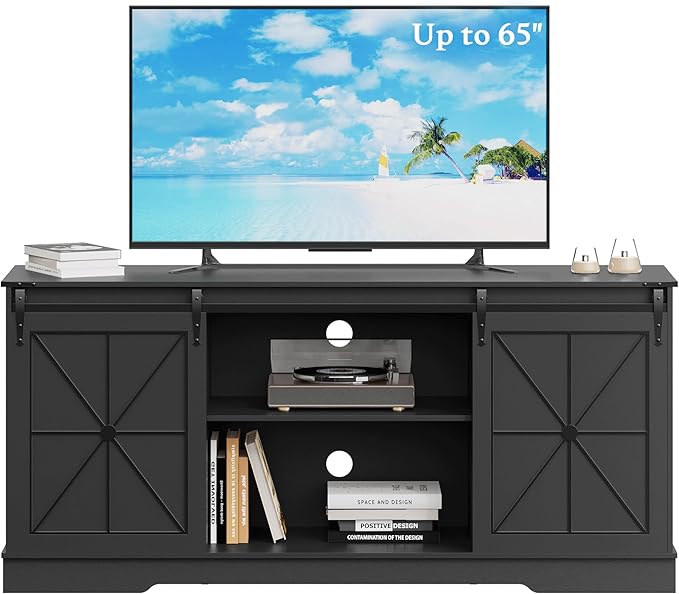 Farmhouse TV Stand for 55 60 65 Inch TV, Mid Century Modern TV Cabinet with Storage and Sliding Barn Doors, Easy Assembly, Entertainment Center Console Table for Bedroom Living Room-Black