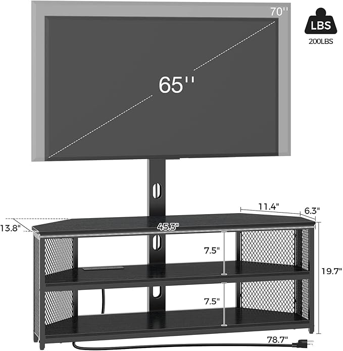 Rolanstar TV Stand with Mount and Power Outlet, Swivel TV Stand with LED Lights for 32/45/55/60/65/70 inch TVs, Black Entertainment Center Media Console with Height Adjustable Mount